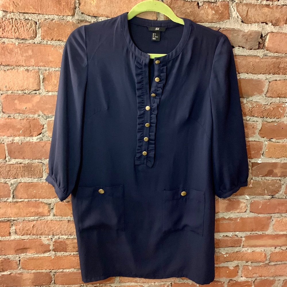 Navy Tunic Dress with Gold Button Details - Size 6
